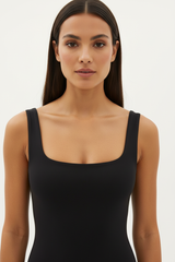 Luxury Square-Neck Bodysuit in Matte Black - Neckline Detail