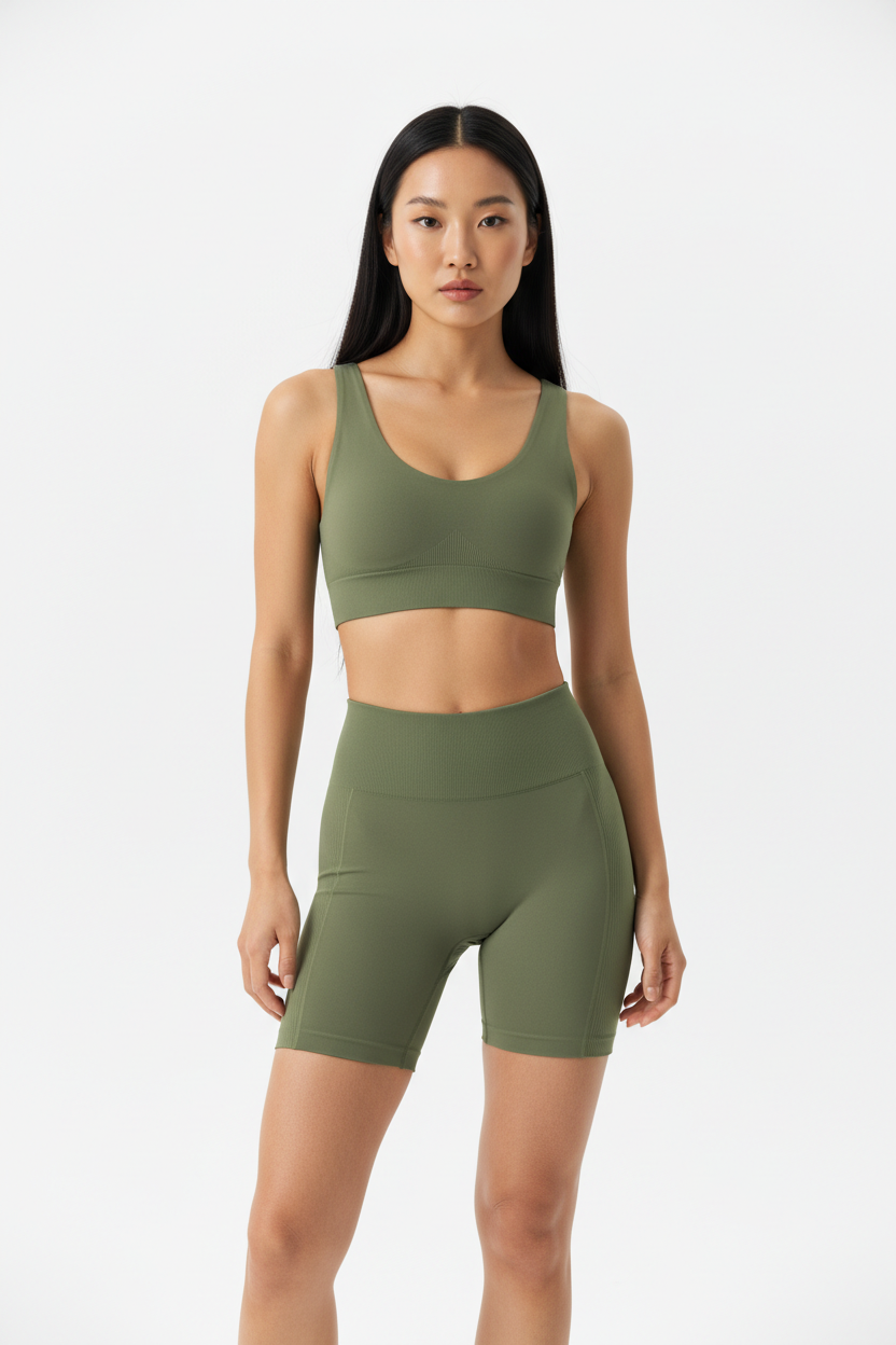 Seamless Sports Bra & Biker Shorts Set in Olive Green — Front Full-Body