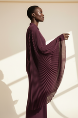 Pleated Blouse in Deep Plum - Side Profile Arm Extended