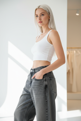 Premium Women's Baggy Denim Pants in Washed Grey - Three Quarter View