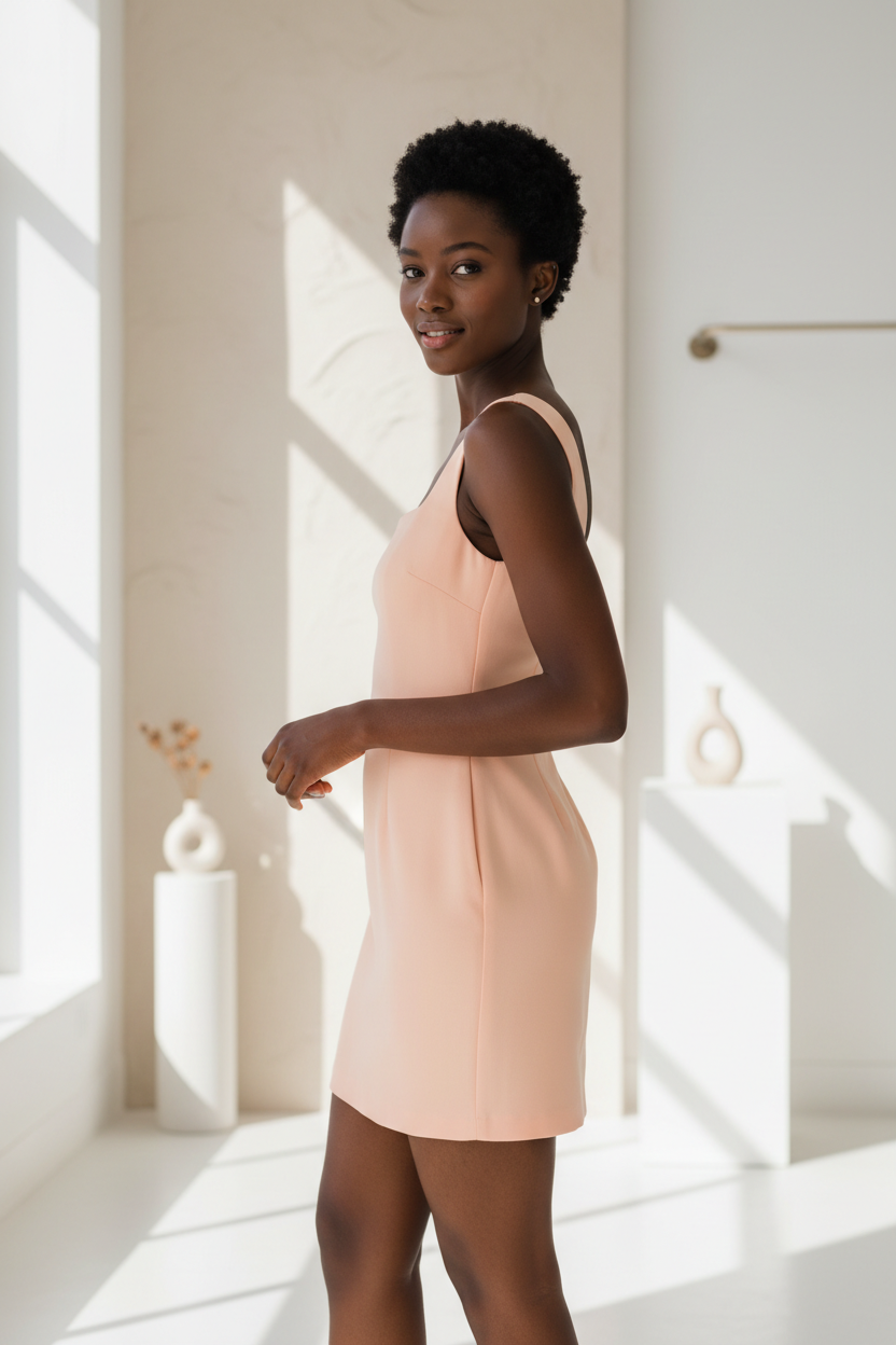 Luxury Square-Neck Mini Dress in Soft Peach - over shoulder pose