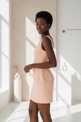 Luxury Square-Neck Mini Dress in Soft Peach - over shoulder pose