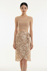 Women's floral wrap skirt set in floral beige, front-facing pose