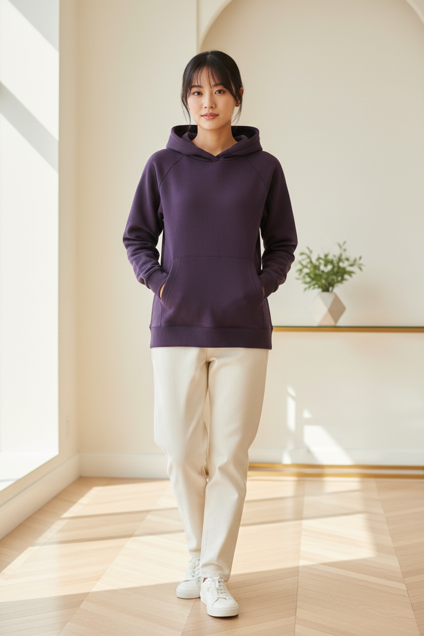 Luxury pullover hoodie in Midnight Plum, front facing pose