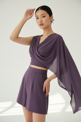 Smoky Plum Draped Crop Top Shorts Set – Three-Quarter Pose