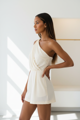 Luxury one-shoulder romper in Soft Ivory – side profile