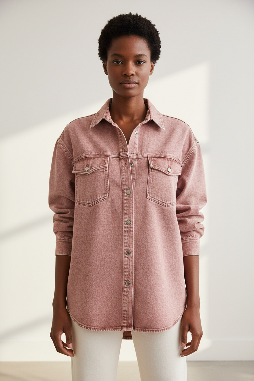 Luxury oversized denim shirt in Faded Rose, front facing pose