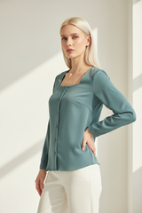 Square-Neck Blouse in Smoky Teal - Three Quarter Hand on Hip
