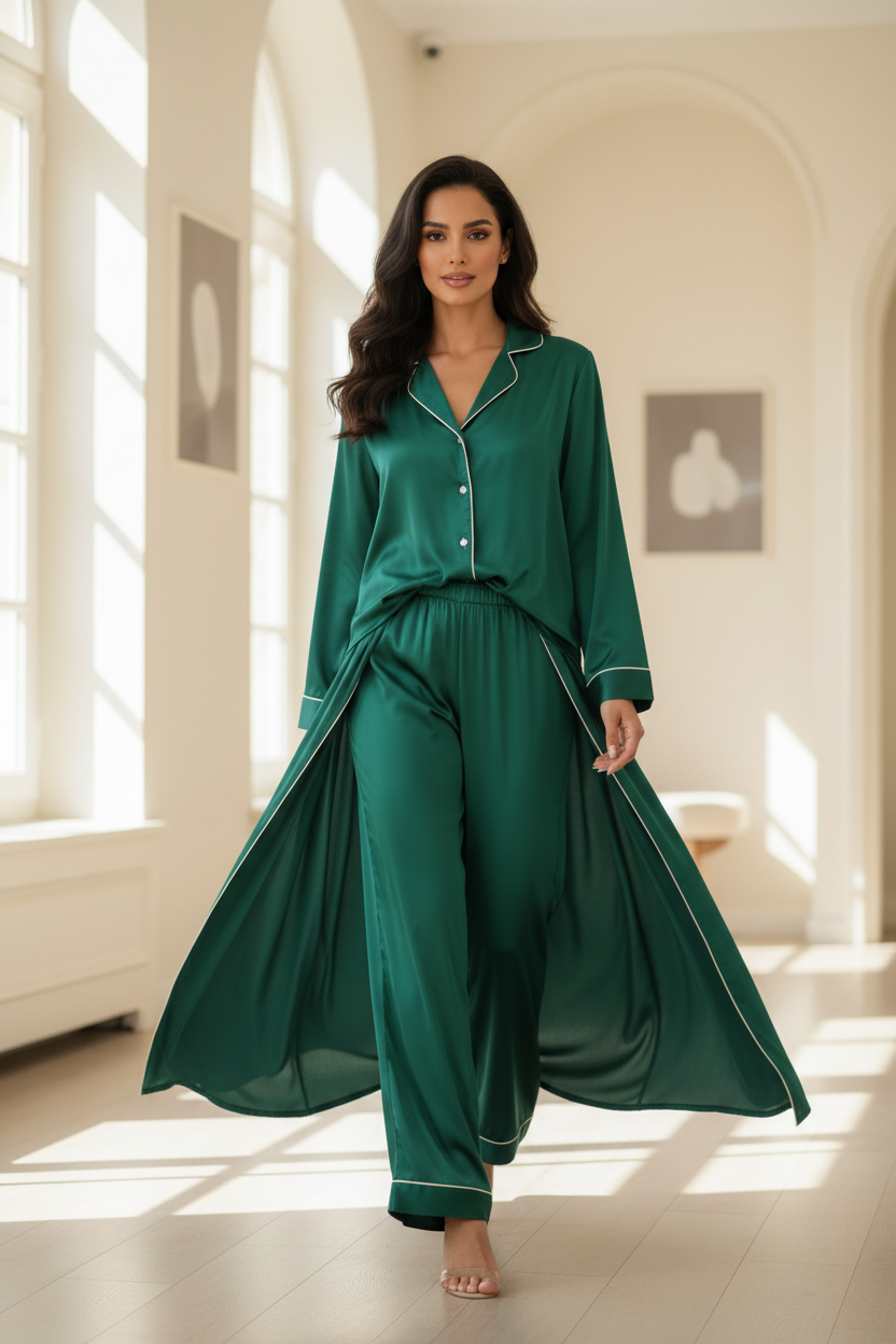 Luxury Silk Pajama Set — Emerald Green Silk, Walking Pose