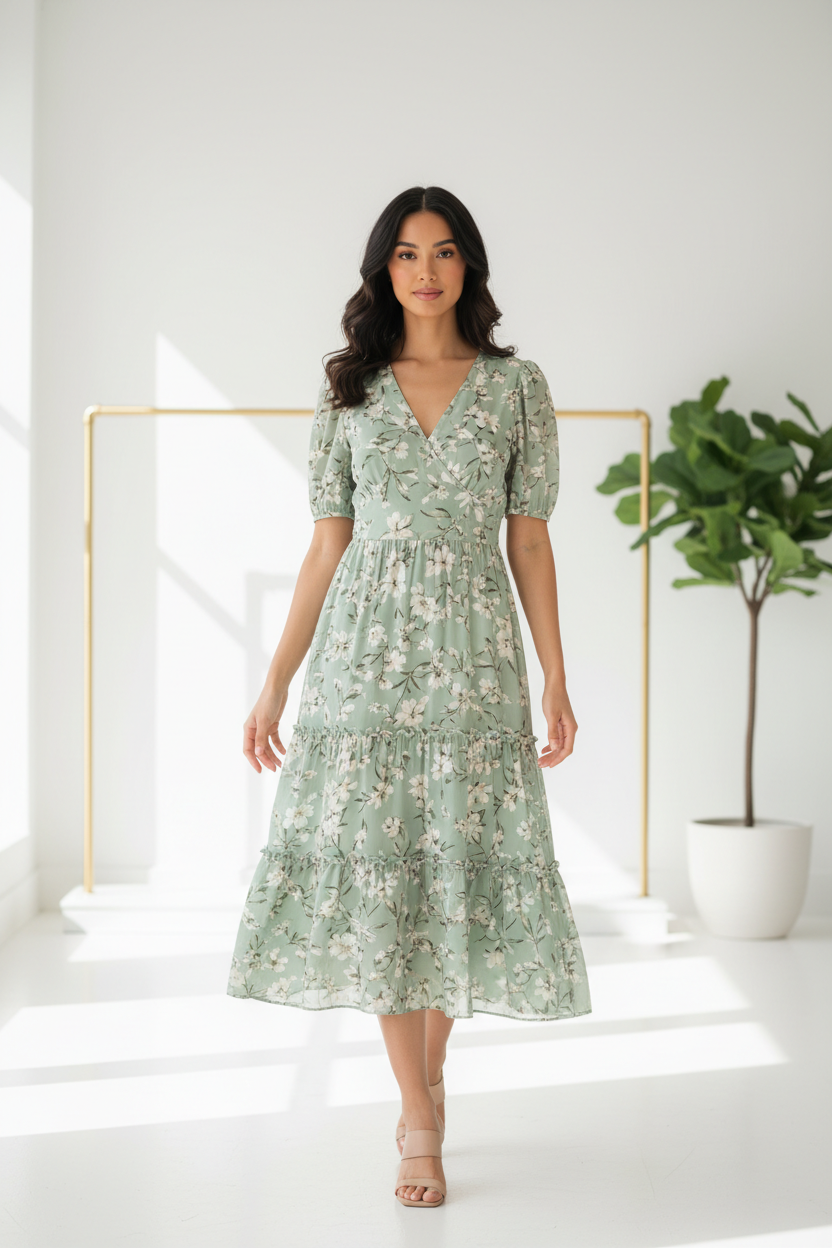 Luxury Floral Midi Dress in Soft Sage - front-facing pose