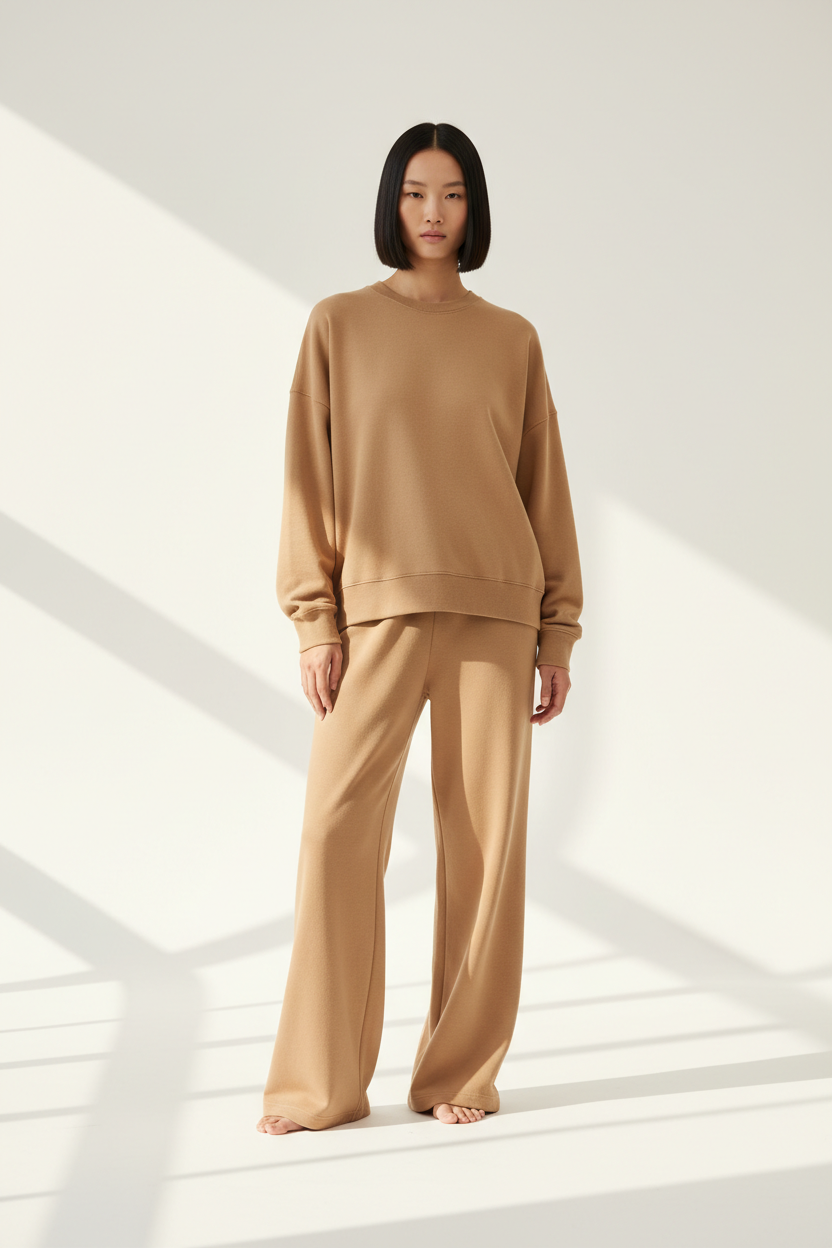 Luxury Oversized Sweatshirt Lounge Set — Warm Sand Beige, Front Standing Pose