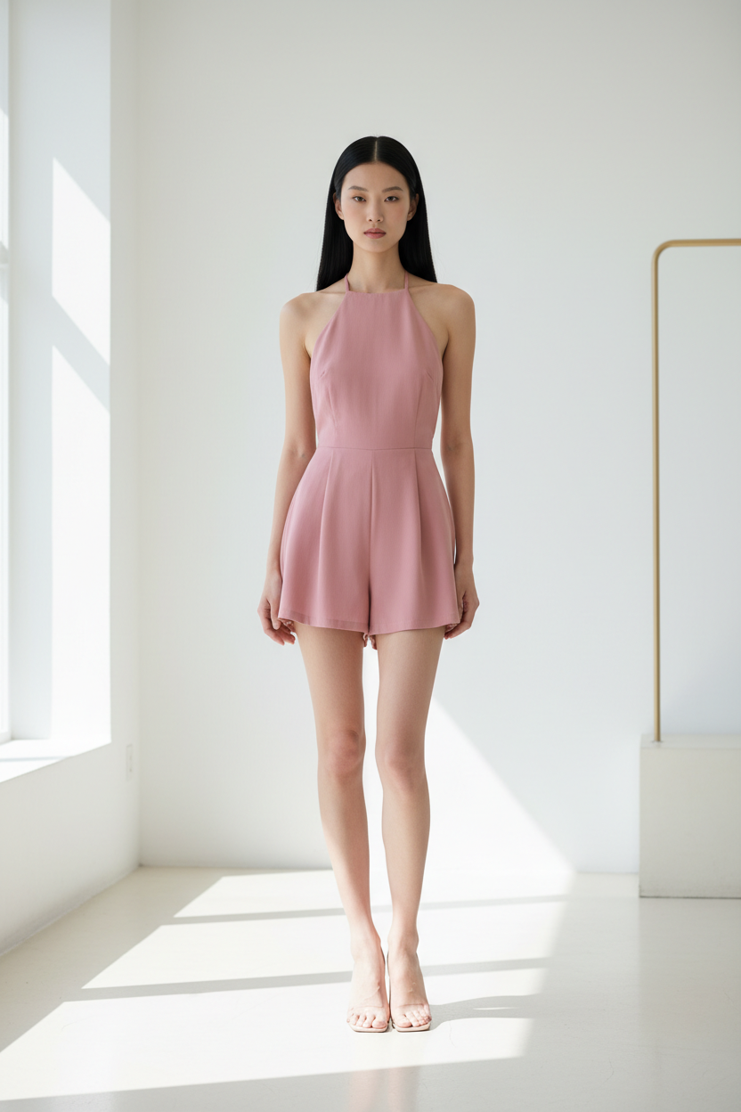 Luxury backless halter romper in Dusty Pink – front view