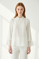 Lace-Trim Blouse in Soft Ivory White - Front Pose