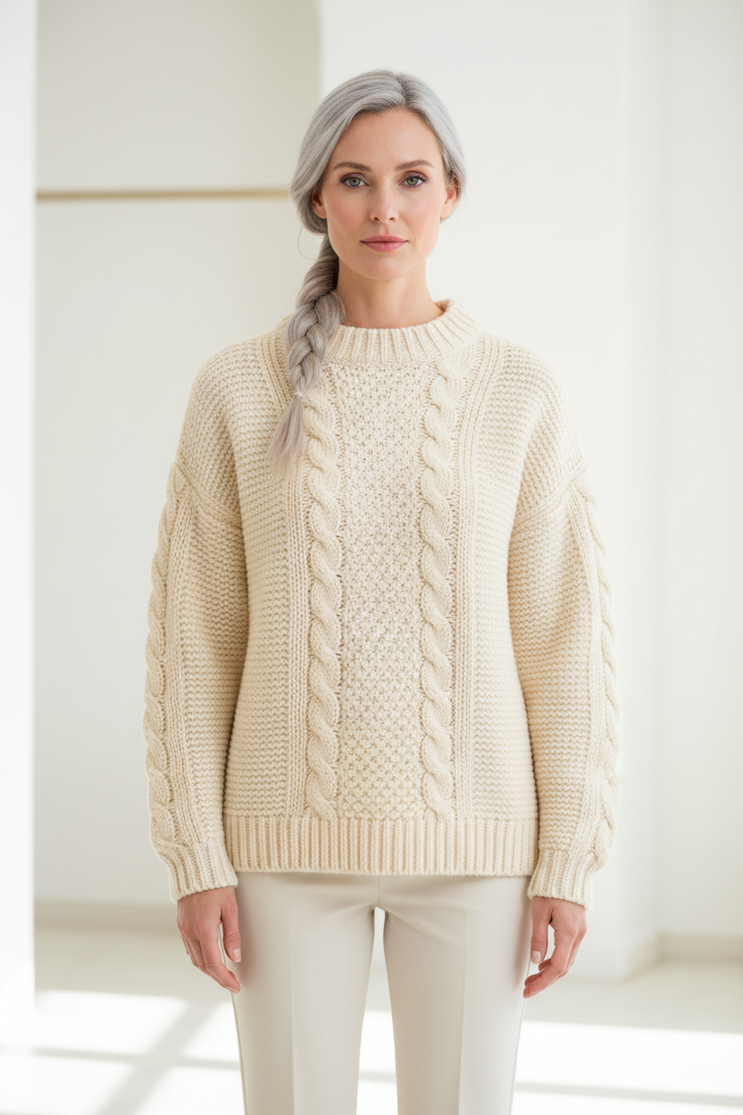 Luxury cable-knit sweater in Vanilla Cream, front facing pose