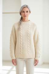 Luxury cable-knit sweater in Vanilla Cream, front facing pose