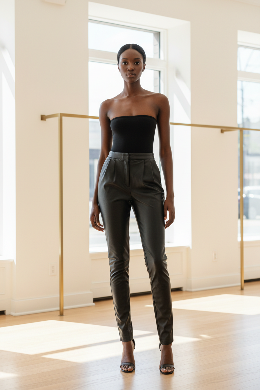 Premium Women's Faux Leather Slim-Fit Pants in Matte Black - Front View