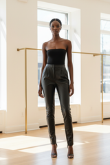 Premium Women's Faux Leather Slim-Fit Pants in Matte Black - Front View