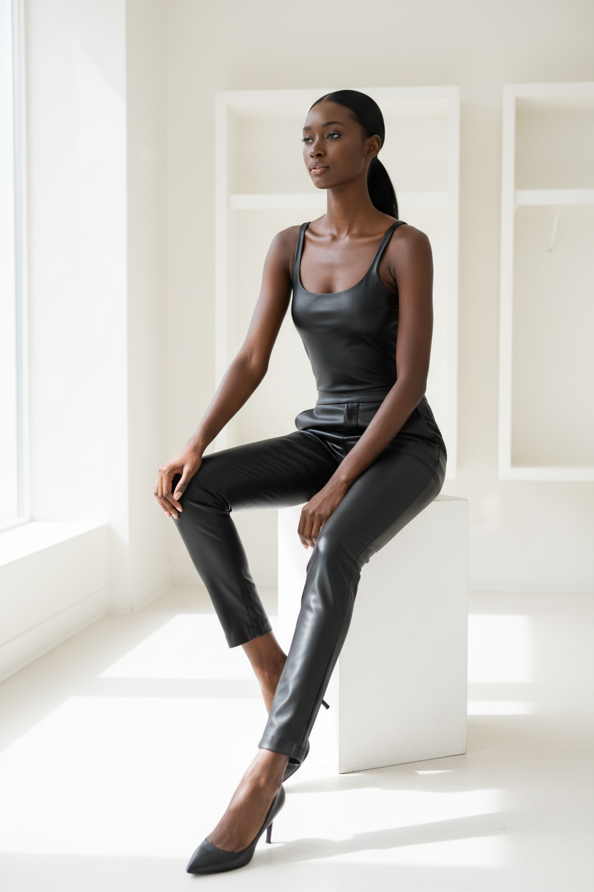 Premium Women's Faux Leather Slim-Fit Pants in Matte Black - Seated Editorial