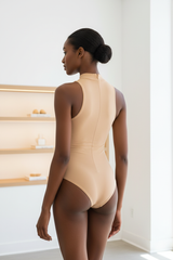 Luxury High-Neck Bodysuit in Soft Beige - Back View