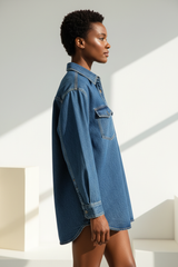 Luxury oversized denim shirt in Washed Indigo, side profile pose