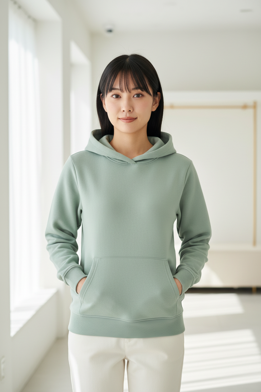 Luxury pullover hoodie in Soft Pistachio, front facing pose