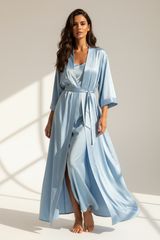 Luxury Satin Robe Set — Ice Blue Satin, Front Standing Belted