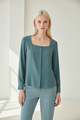 Square-Neck Blouse in Smoky Teal - Front Pose