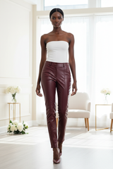 Premium Women's Faux Leather Slim-Fit Pants in Deep Burgundy - Front View