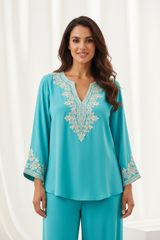 Boho Embroidered Blouse in Ocean Aqua - Front Pose
