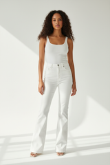 Premium Women's Flared Denim Pants in White Denim - Front View