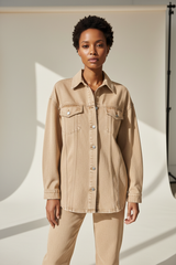 Luxury oversized denim shirt in Pale Sand, front facing pose