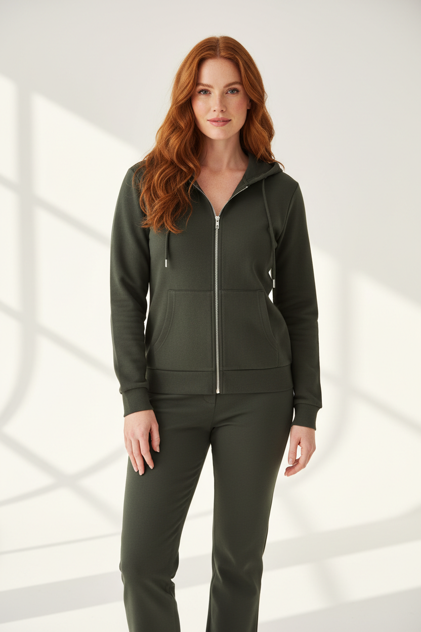 Luxury zip-up hoodie in Charcoal Olive, front facing pose