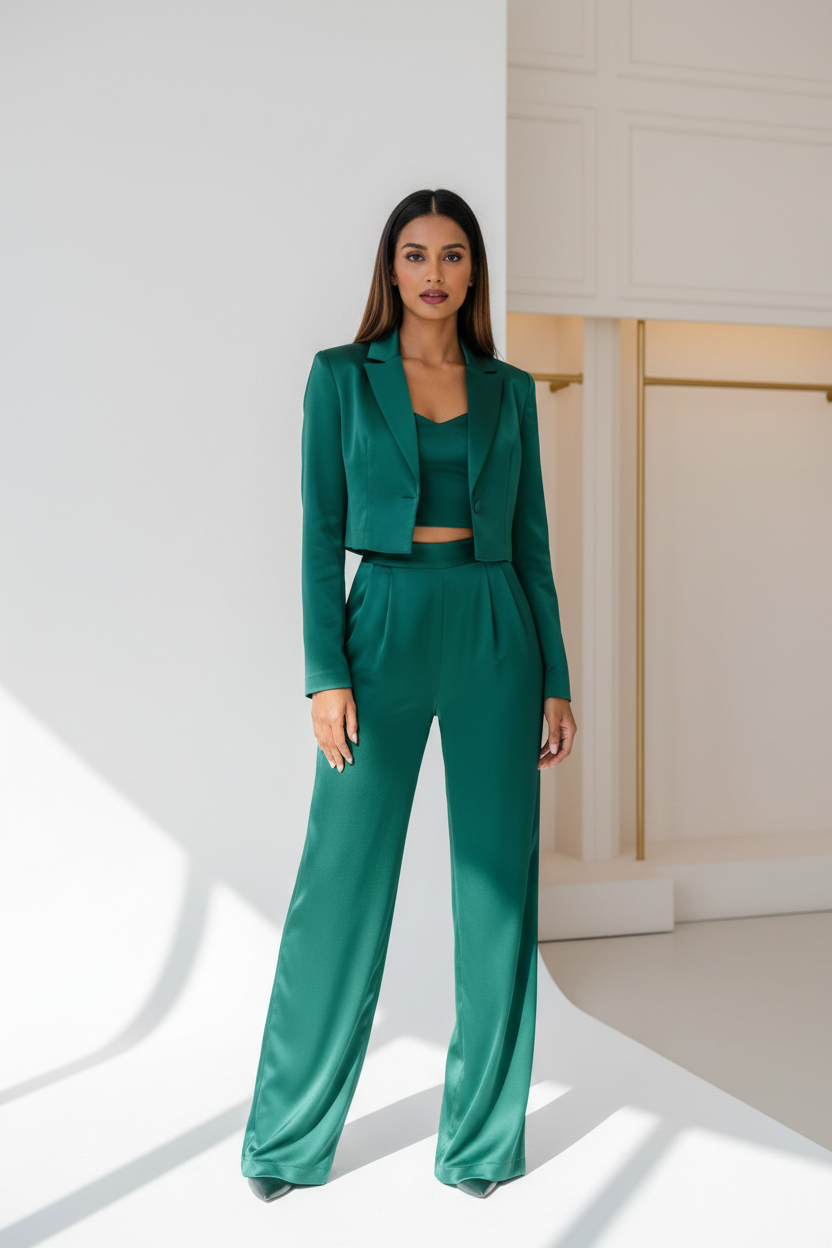 Emerald Satin Co-ord Set – Front Pose