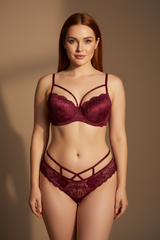 Deep Burgundy Floral Lace Push-Up Lingerie Set – Full Body Front