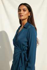 Luxury wrap-front shirt in Deep Ocean Blue, three-quarter turn pose