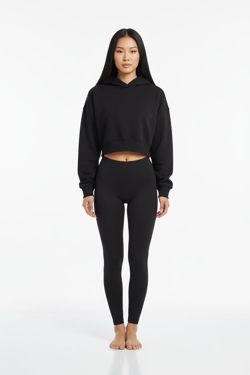 Oversized Cropped Hoodie & Seamless Leggings Set in Matte Black — Front Full-Body