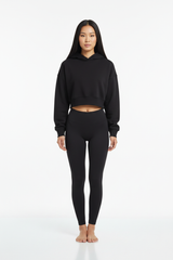 Oversized Cropped Hoodie & Seamless Leggings Set in Matte Black — Front Full-Body