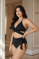 Luxe Wrap Bikini Set in Matte Black – three-quarter pose