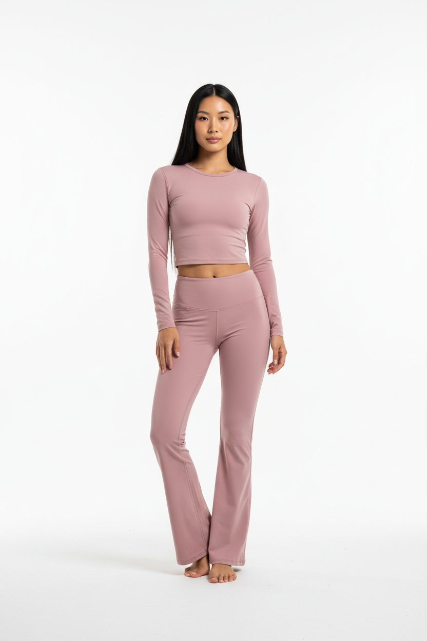 Long Sleeve Performance Top & Flared Yoga Pants Set in Dusty Rose — Front Full-Body