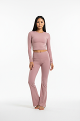 Long Sleeve Performance Top & Flared Yoga Pants Set in Dusty Rose — Front Full-Body
