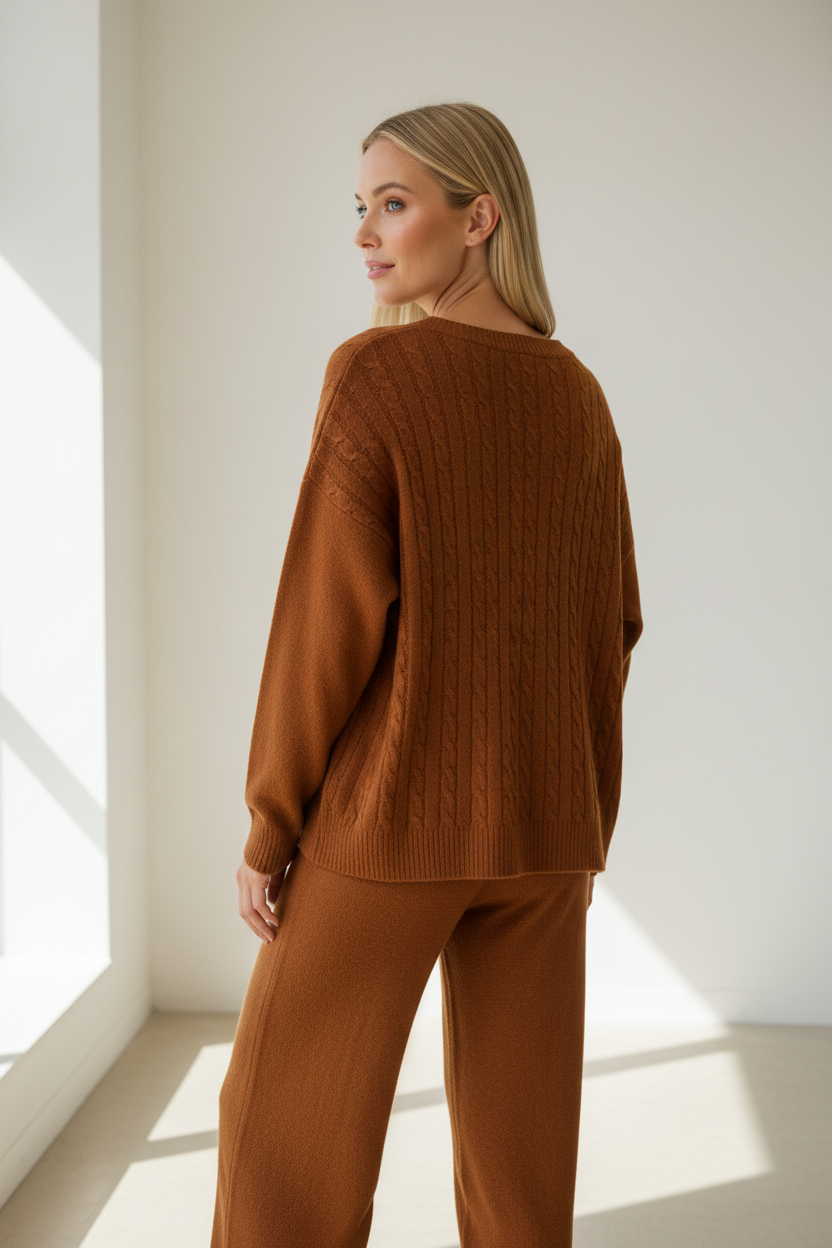 Warm Cinnamon Knit Lounge Set – Back Pose
