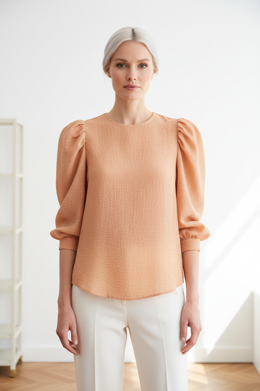 Luxury puff-sleeve shirt in Soft Peach Nude, front facing pose