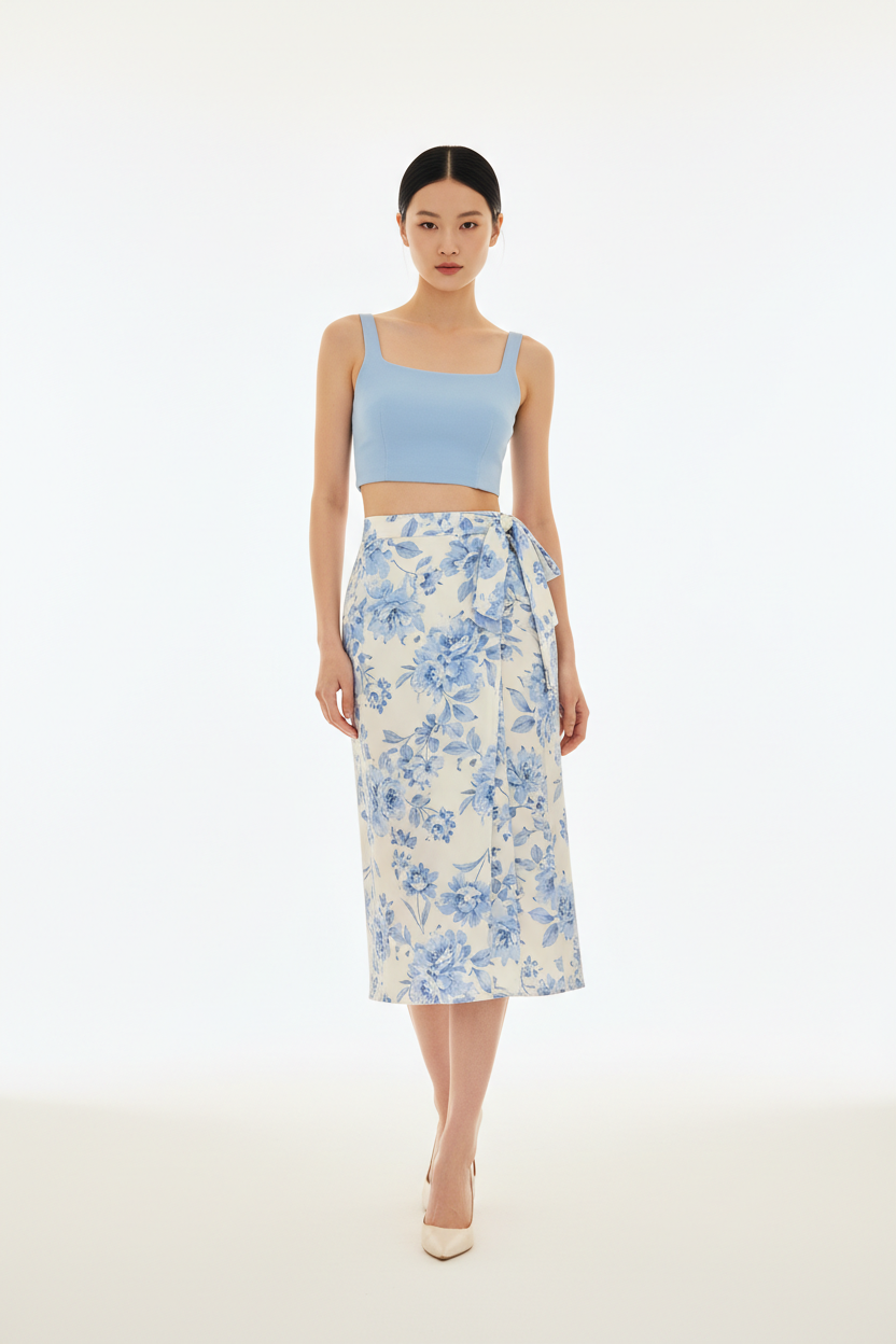 Women's floral wrap skirt set in floral blue, front-facing pose