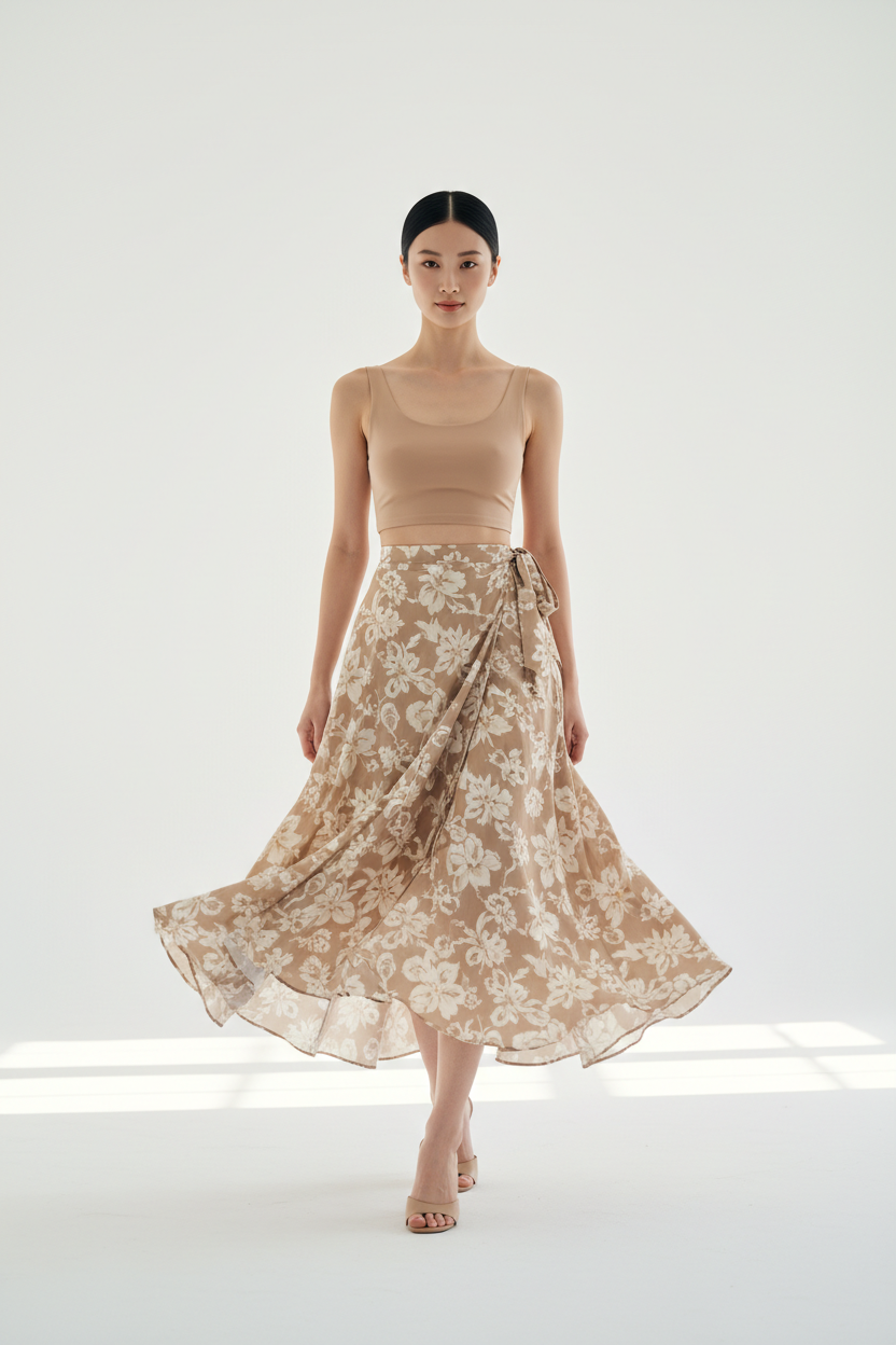 Women's floral wrap skirt set in floral beige, graceful walking pose
