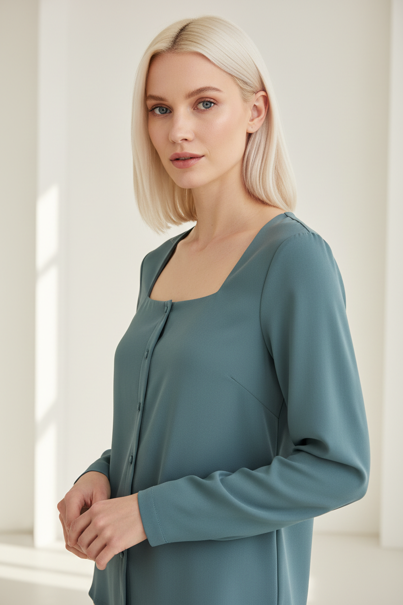 Square-Neck Blouse in Smoky Teal - Close Up Hands Clasped