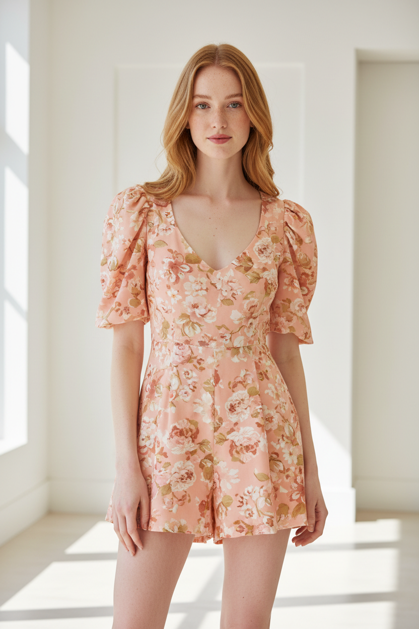 Luxury puff-sleeve romper in Floral Peach – front view