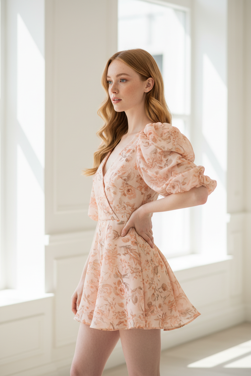 Luxury puff-sleeve romper in Floral Peach – side profile