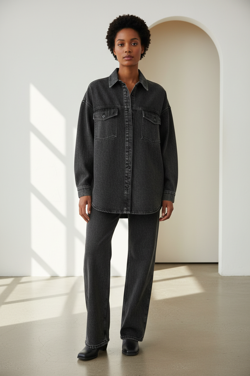 Luxury oversized denim shirt in Vintage Charcoal, front facing pose