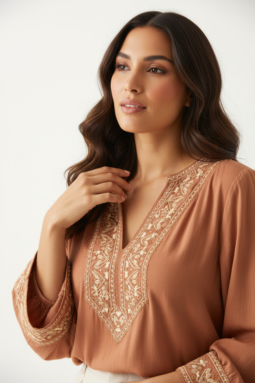 Boho Embroidered Blouse in Desert Clay - Close Up Touching Embroidery