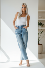 Premium Women's Baggy Denim Pants in Light Blue - Casual Lean Pose